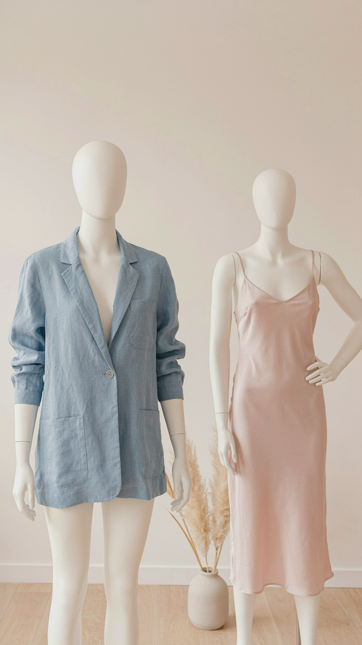 A light blue linen blazer and a pastel pink dress for warm weather.