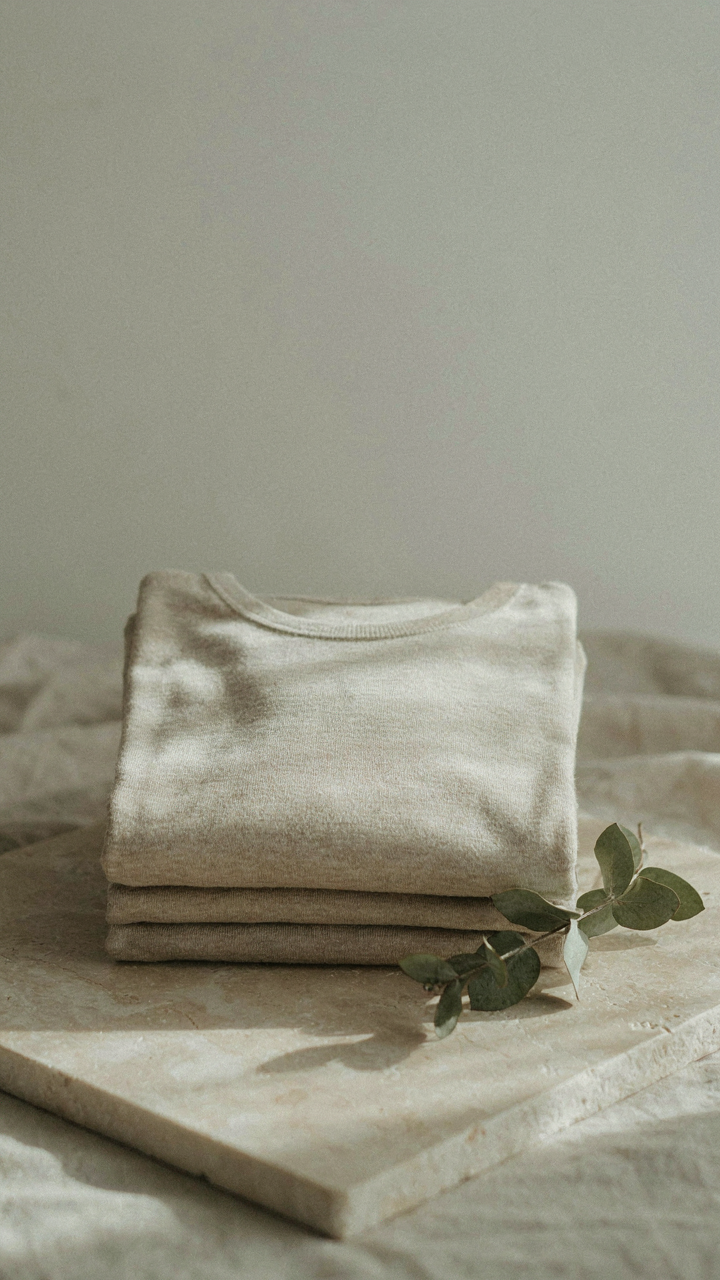A neatly folded thin merino wool long-sleeve tee shirt.