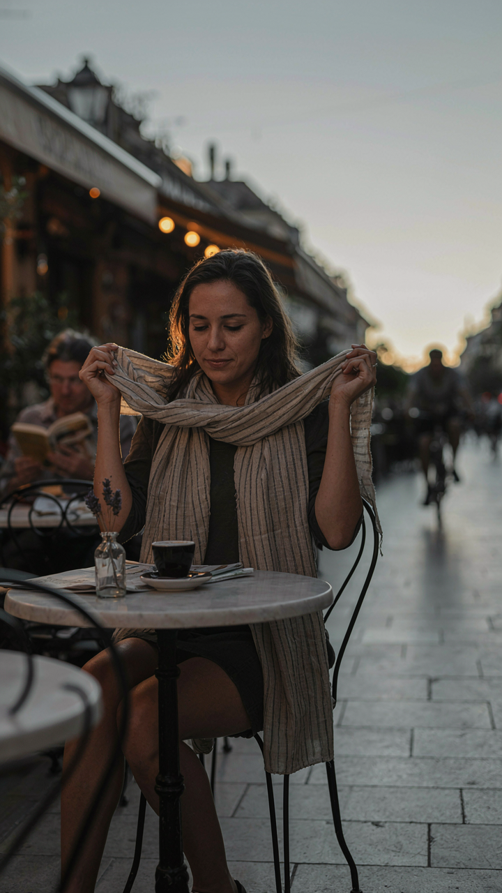 Woman drapes a cotton scarf over her shoulders at a cafe as the sun sets.