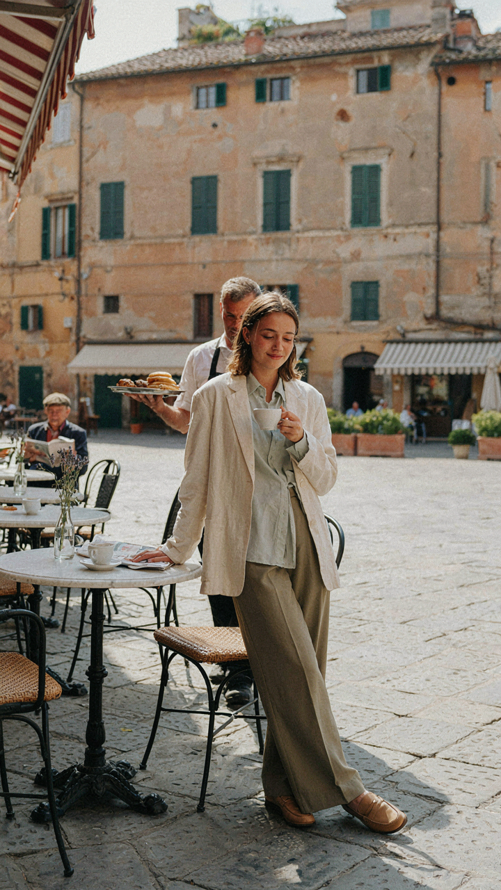 A person wears a light blazer over a linen shirt at an Italian cafe.