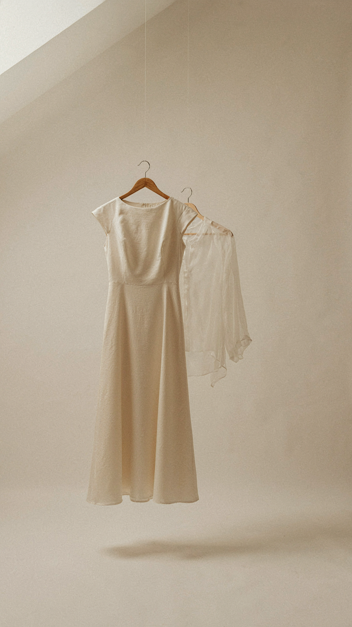 Heavy ivory crepe fabric next to delicate ivory chiffon fabric.
