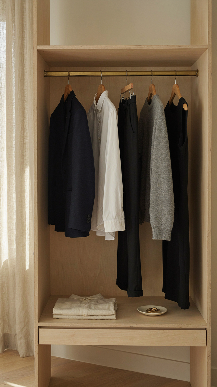 An open wardrobe displaying a core 'uniform' of versatile clothing items for holiday party dress