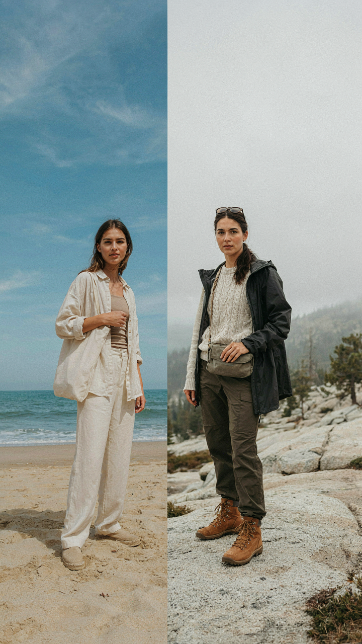 A split image shows a traveler on a sunny beach and in a cool mountain setting.
