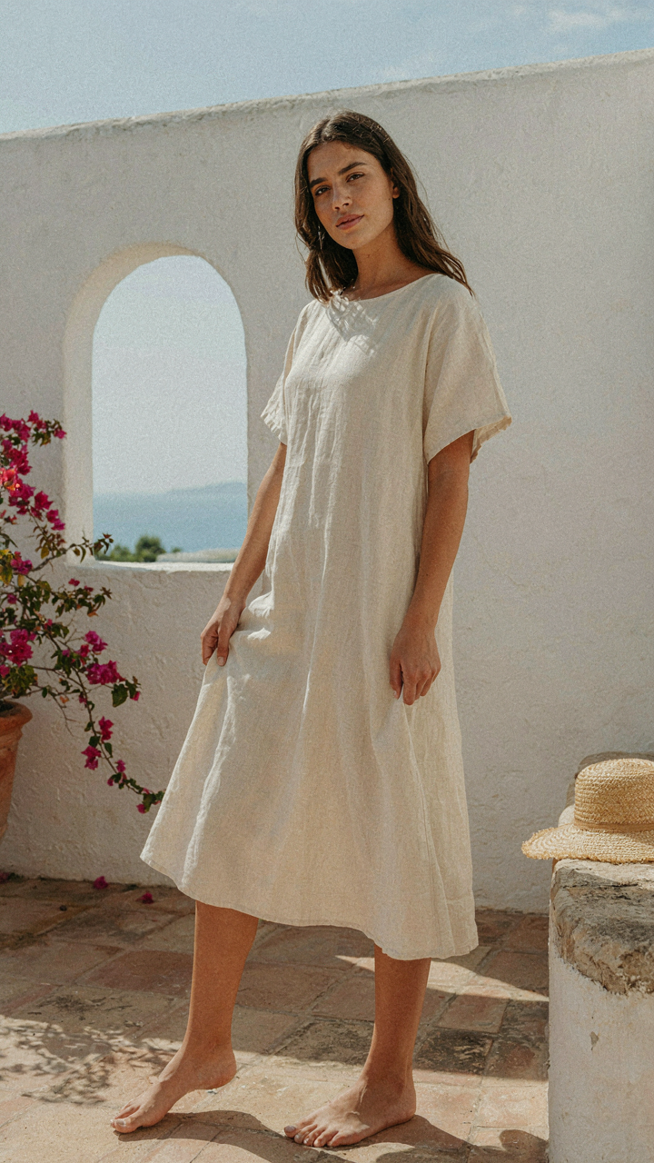 A cream linen shift dress sways gently in a light, natural breeze.