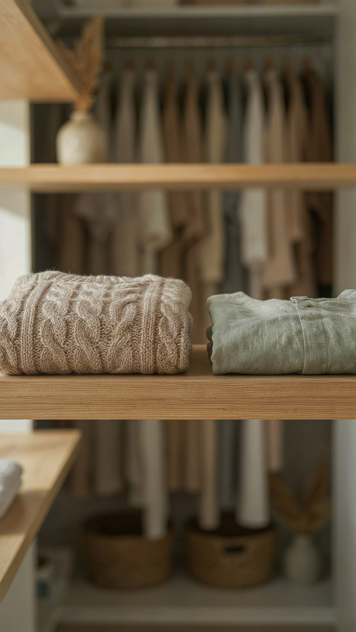 A chunky knit sweater and a linen shirt are folded on a closet shelf.