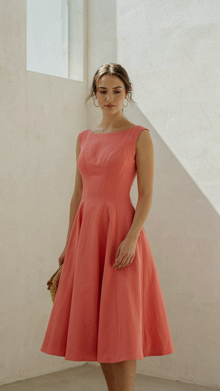 Semi-formal wedding guest dress with visible structure and seams.