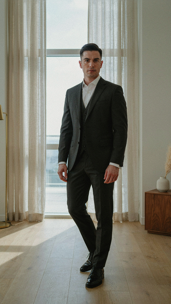 A man in a dark suit with a vest and no tie, showing semi formal attire.