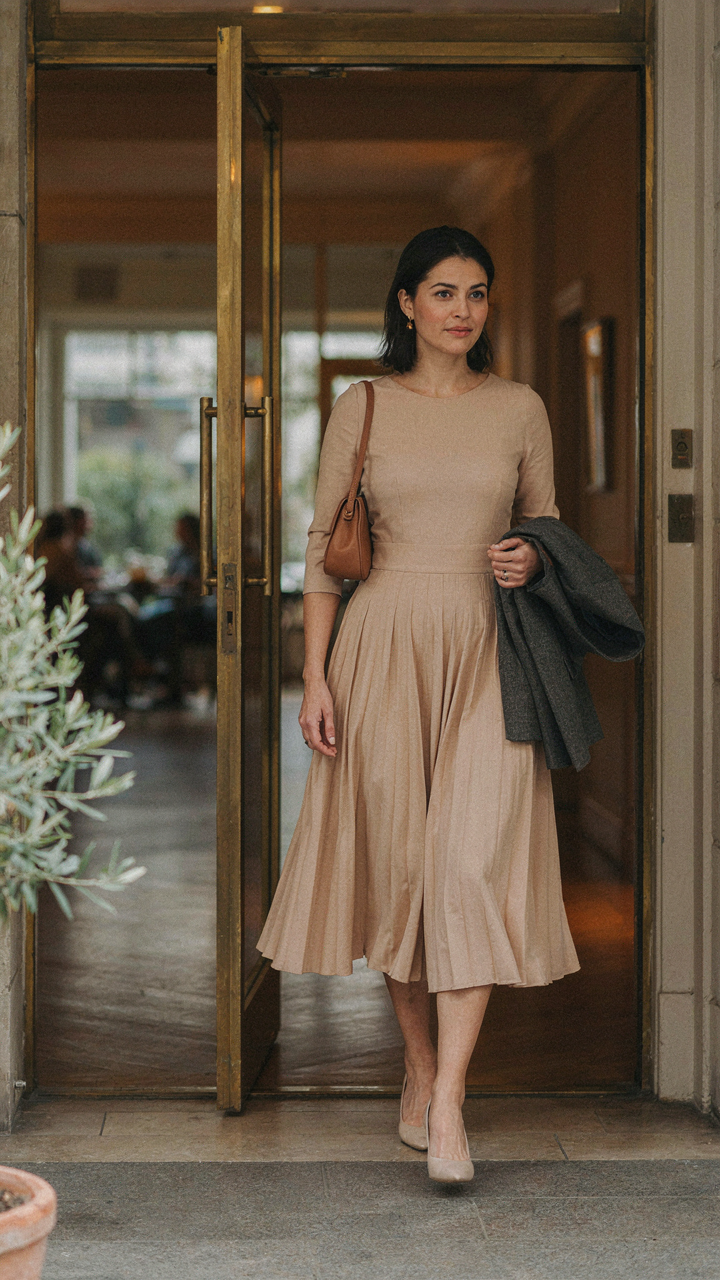 Woman in a pleated midi dress with a blazer, entering a restaurant.