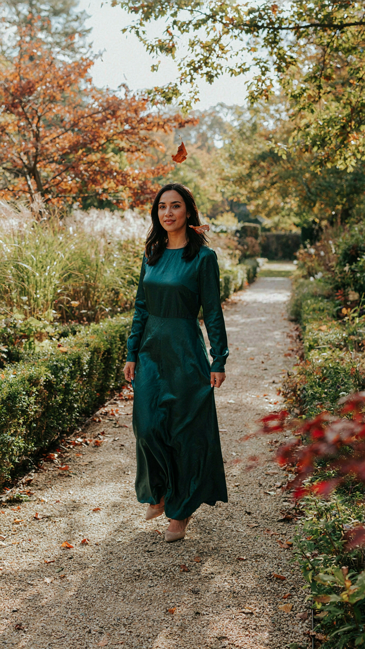 A woman in a long-sleeved silk crepe maxi dress walks in an autumn garden.