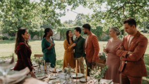 Wedding guests in colorful outfits enjoy an outdoor reception with varying light.
