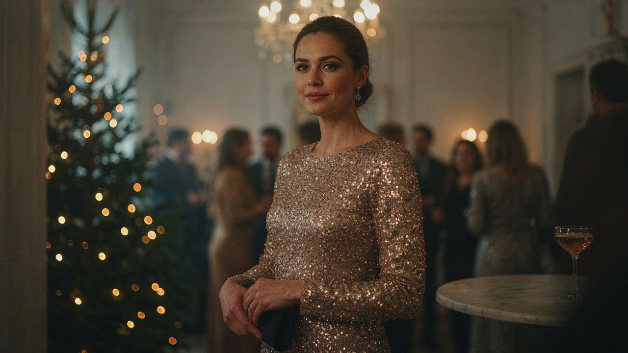 A woman wears a sophisticated sequin cocktail dress at a holiday party.