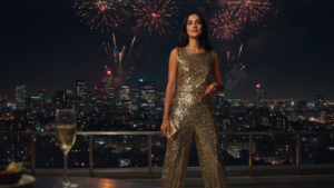 Woman in a gold sequin jumpsuit on a rooftop with a city skyline at night.