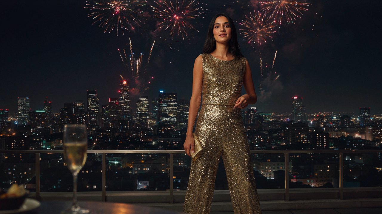 Woman in a gold sequin jumpsuit on a rooftop with a city skyline at night.