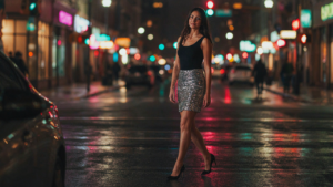 A woman confidently walking in a sparkling sequin skirt outfit evening on a city street at night.