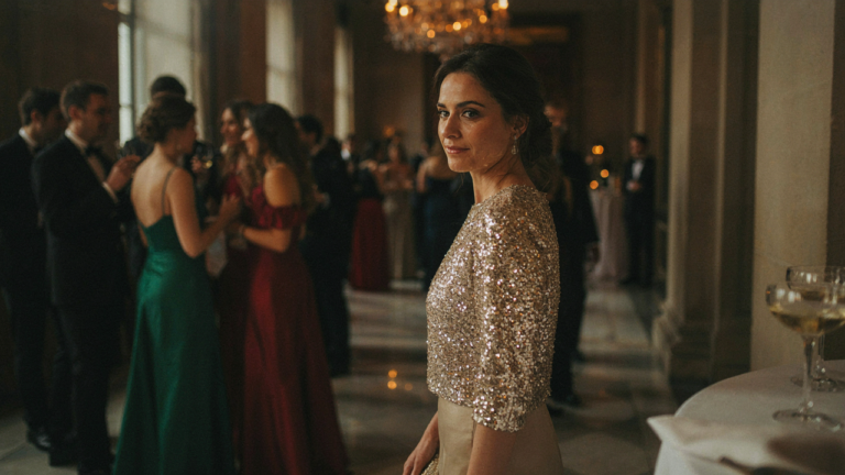 A woman in a shimmering sequin top dressy outfit walks confidently through an evening event.