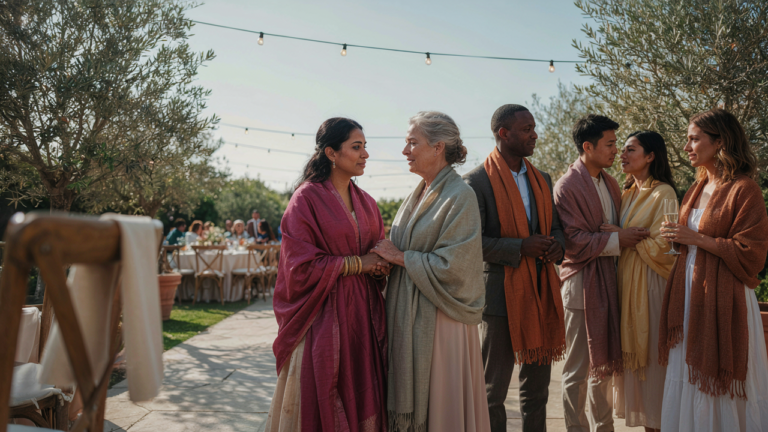 Wedding guests in elegant dresses and shawls mingle at an outdoor reception.