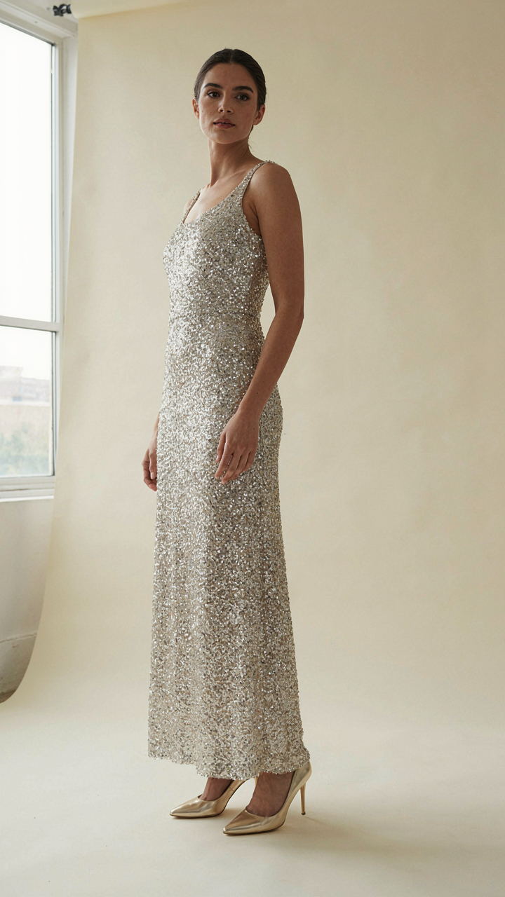 A sequin cocktail dress with a gold metallic pump, reflecting its shimmer.