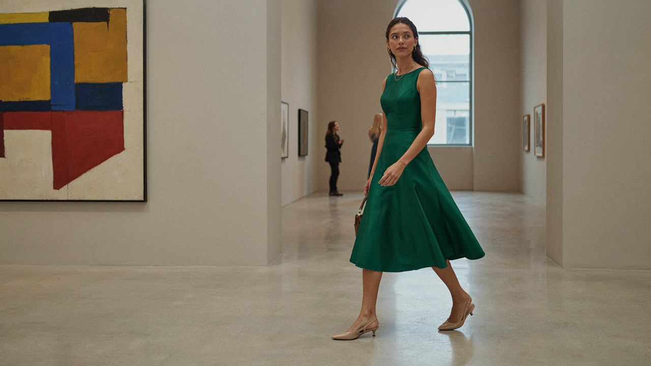 A woman in a cocktail dress walks through an art gallery, showing elegant shoes to wear with a