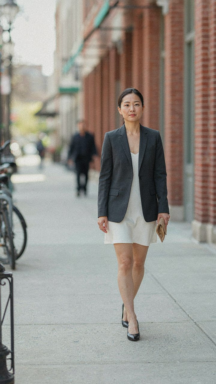 Woman walks with confidence, short dress under a structured blazer at mid-hip.