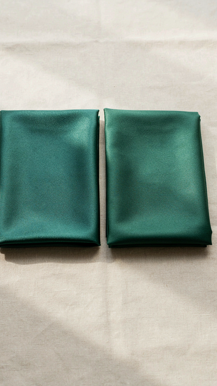 Two fabric swatches, polyester satin and silk charmeuse, side-by-side.