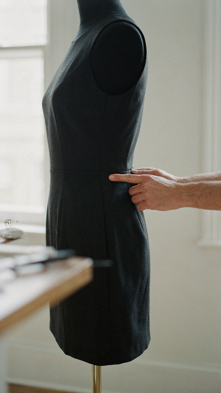 A tailor's hands precisely adjust the seam of a black jumpsuit on a dress form.