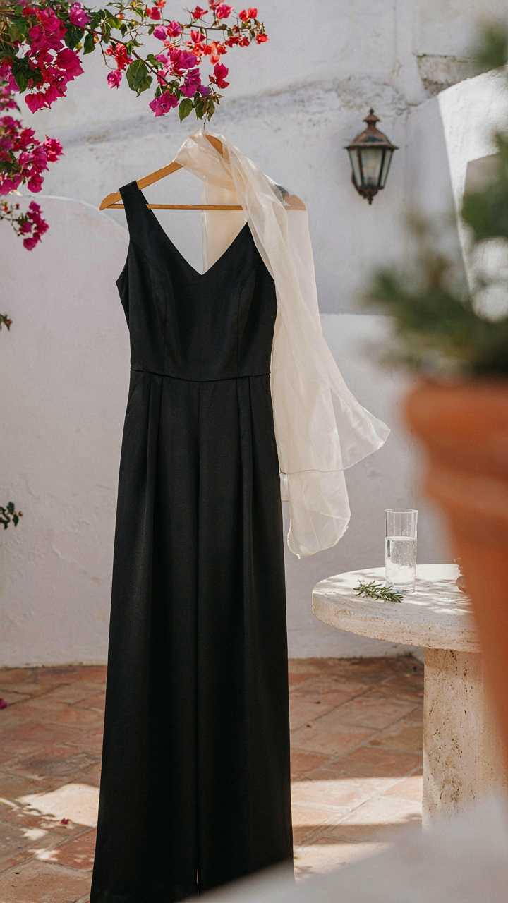 A sleeveless black satin jumpsuit with a sheer silk scarf hangs on an outdoor patio.