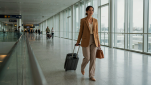 A woman confidently walks through an airport terminal with a carry-on, dressed in smart casual