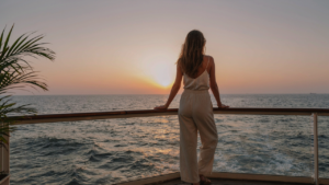 A woman in a stylish solo cruise outfit stands on a ship deck, gazing at the sunset.