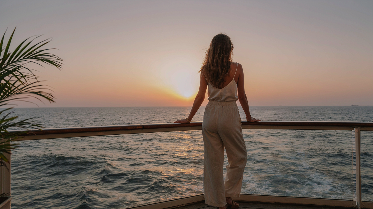 A woman in a stylish solo cruise outfit stands on a ship deck, gazing at the sunset.