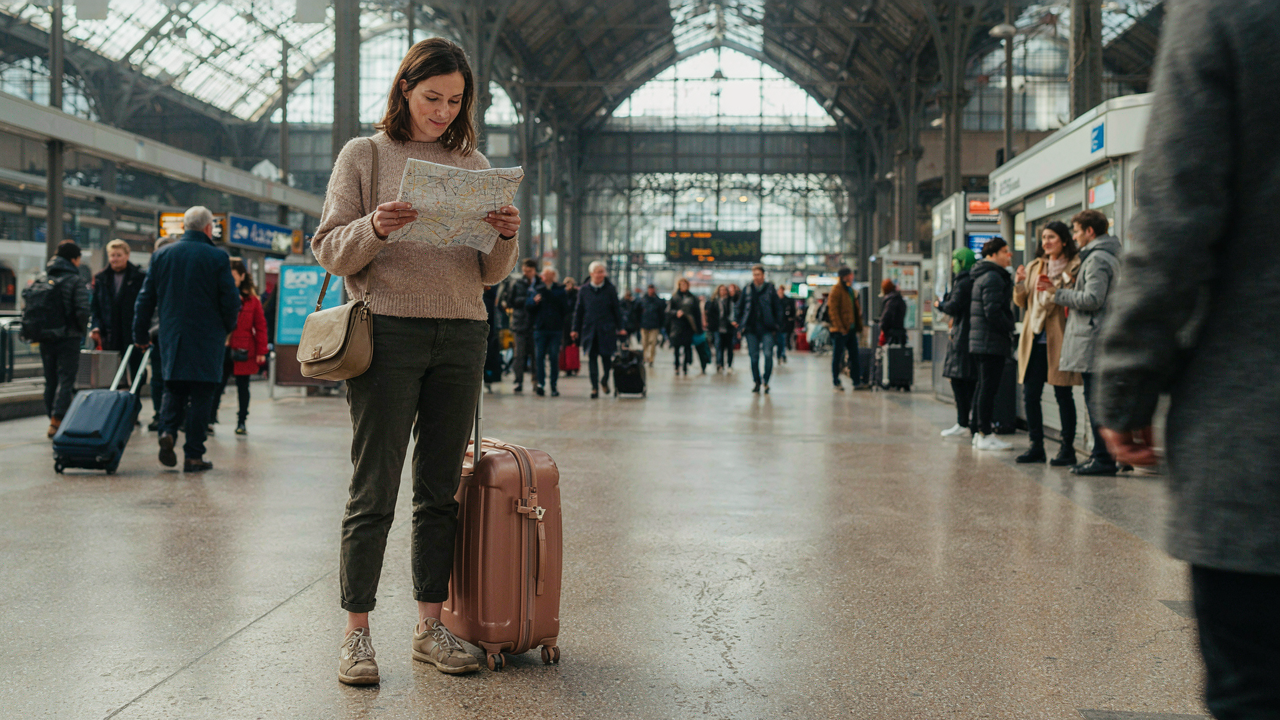 A confident woman with a single carry-on bag in a train station plans her solo travel capsule 2