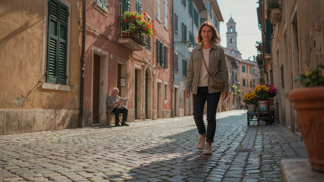A woman in stylish yet comfortable solo travel outfits for city exploring walks down a street.
