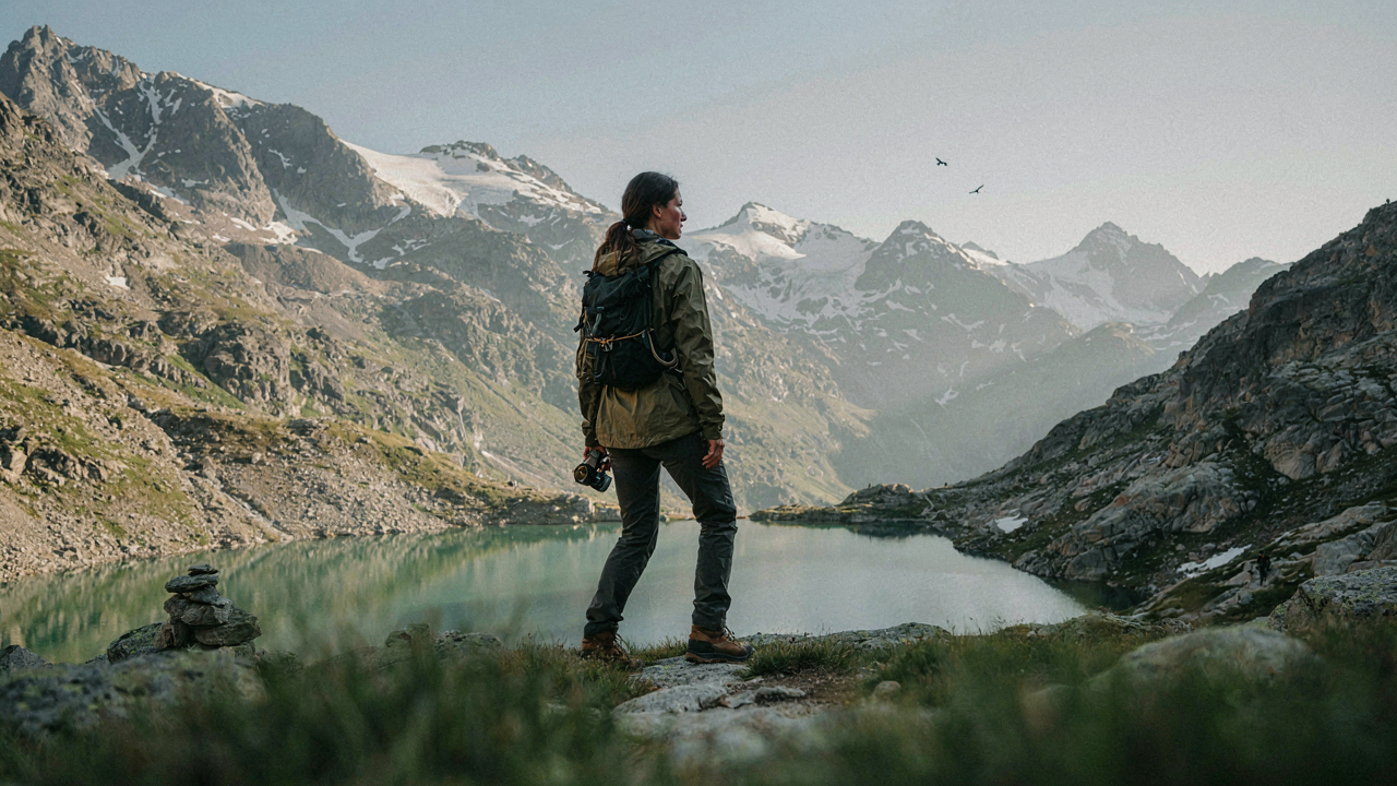 A solo female traveler ready for photos in a scenic mountain landscape, holding a camera.
