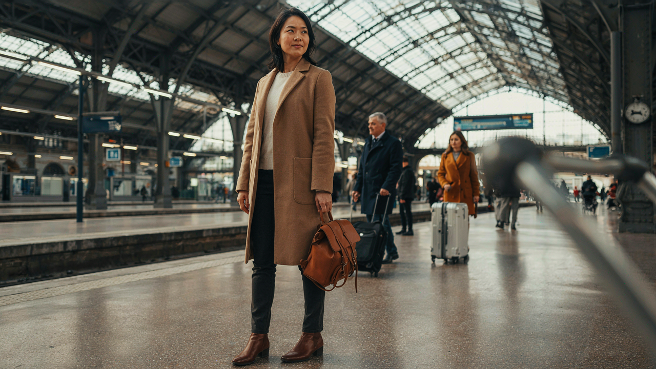 A woman stands confidently in a busy European train station with a small backpack.