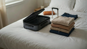 A compact carry-on suitcase open on a bed with a small, neatly organized solo trip packing capsule.