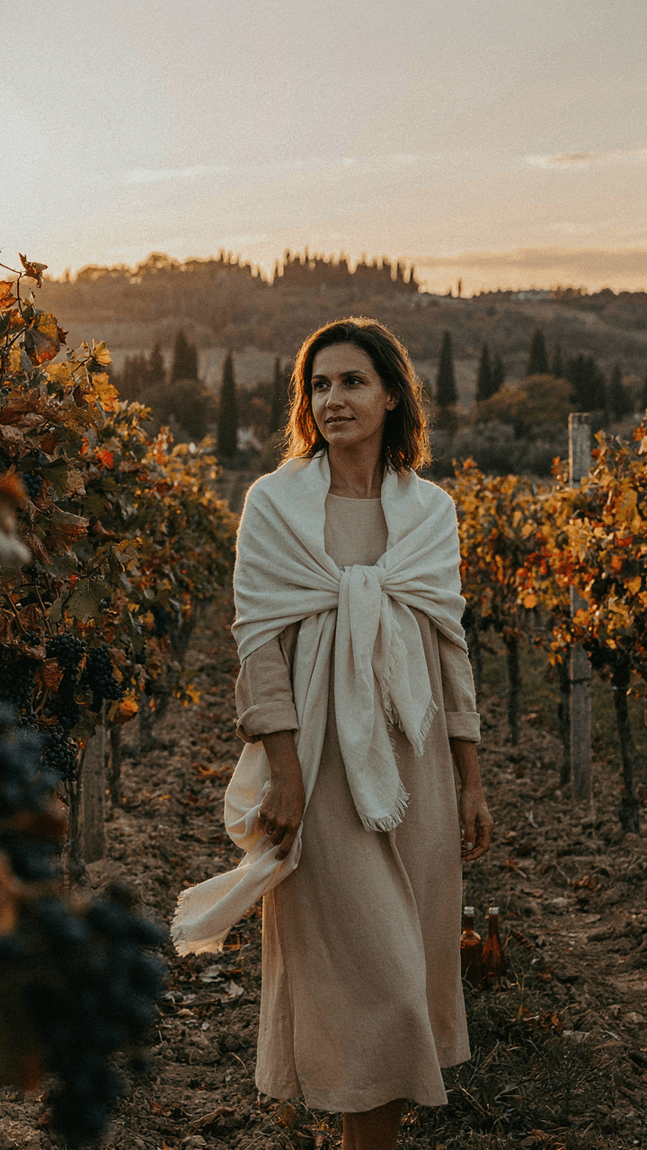 A woman wears a wool dress and structured pashmina in a vineyard.