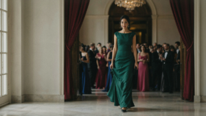 A person in sophisticated cocktail attire confidently entering a grand party.
