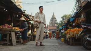 A traveler in linen clothing stands on a busy street with temples and market stalls.