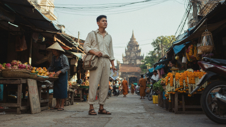A traveler in linen clothing stands on a busy street with temples and market stalls.