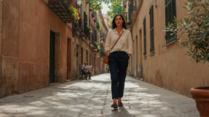 Woman in a spain capsule wardrobe, walking on a sun-dappled cobblestone street.