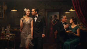 A group of people wearing elegant 1920s-inspired outfits at a speakeasy party.