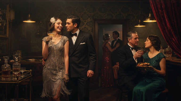 A group of people wearing elegant 1920s-inspired outfits at a speakeasy party.