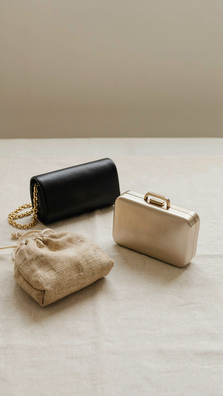 An elegant black satin clutch and metallic clutch are shown, with a canvas pouch apart.
