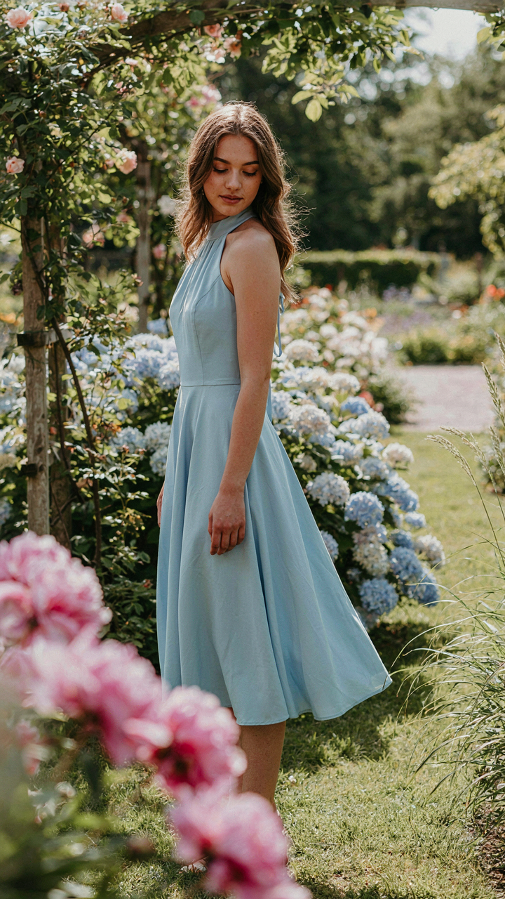 A woman in a light blue spring formal midi length halter dress in a sunny garden.