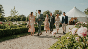 Elegant guests in spring wedding guest outfits walk towards a beautiful outdoor venue.