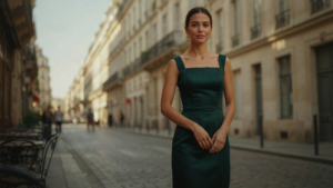 Woman in a structured square neck cocktail dress stands confidently in an urban setting.
