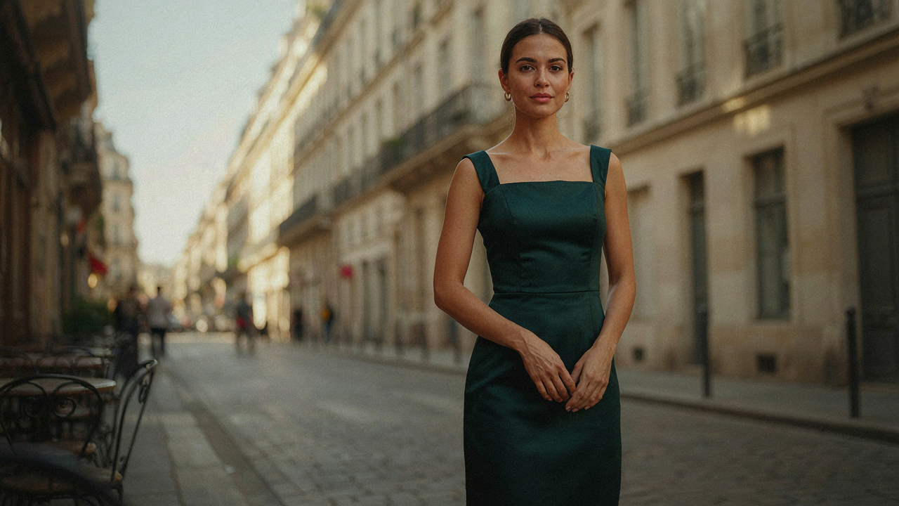 Woman in a structured square neck cocktail dress stands confidently in an urban setting.