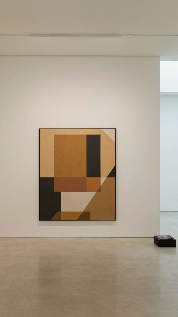 A striking geometric abstract painting hangs on a clean white wall in a gallery.