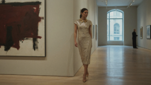 A woman confidently wears a shimmering cocktail dress and a bold statement necklace.