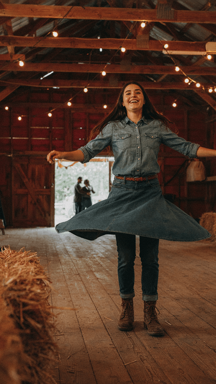 A person twirls freely on a barn dance floor, feeling comfortable.