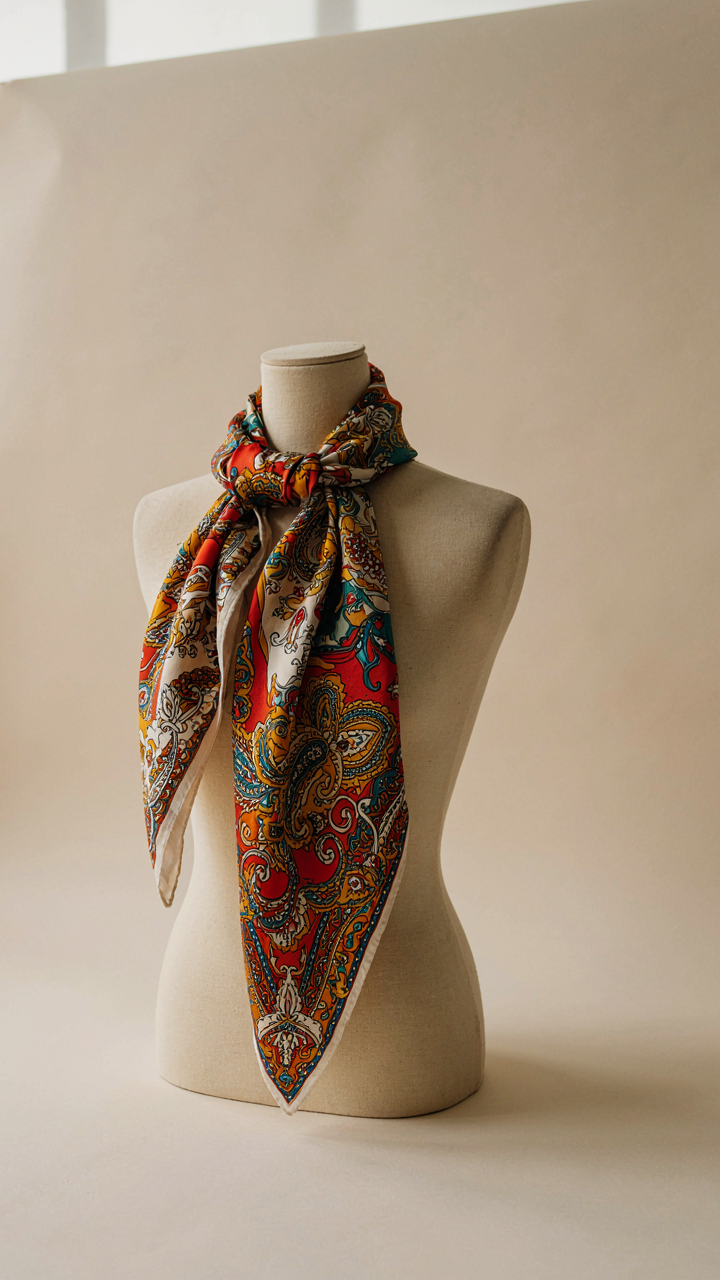 A vibrant, intricately patterned silk scarf is the focal point on a mannequin.